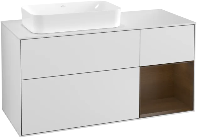 VILLEROY BOCH Toaletní skříňka Finion, s osvětlením, 3 výsuvy, 1200 x 603 x 501 mm, bílý matný lak / ořechová dýha / sklo bílé matné #F281GNMT