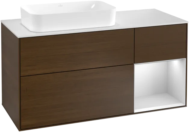 VILLEROY BOCH Toaletní skříňka Finion, s osvětlením, 3 výsuvy, 1200 x 603 x 501 mm, ořechová dýha / bílý matný lak / bílé matné sklo #F281MTGN