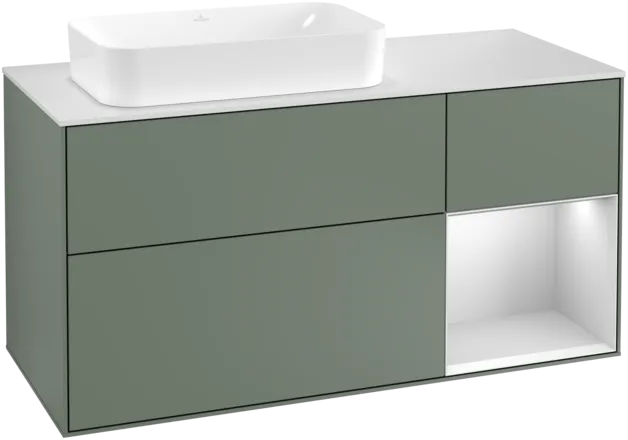 VILLEROY BOCH Toaletní skříňka Finion, s osvětlením, 3 výsuvy, 1200 x 603 x 501 mm, olivový matný lak / bílý matný lak / bílé matné sklo #F281MTGM