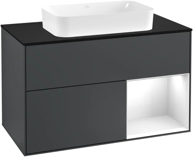 VILLEROY BOCH Toaletní skříňka Finion, s osvětlením, 2 výsuvy, 1000 x 603 x 501 mm, Midnight Blue Matt Lacquer / Glossy White Lacquer / Glass Black Matt #F252GFHG