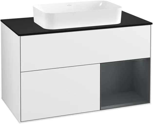 VILLEROY BOCH Toaletní skříňka Finion, s osvětlením, 2 výsuvy, 1000 x 603 x 501 mm, lesklý bílý lak / půlnoční modrý matný lak / černé matné sklo #F252HGGF
