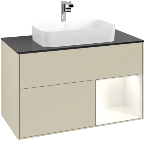 VILLEROY BOCH Toaletní skříňka Finion, s osvětlením, 2 výsuvy, 1000 x 603 x 501 mm, hedvábně šedý matný lak / lesklý bílý lak / černé matné sklo #F252GFHJ