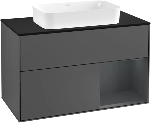 VILLEROY BOCH Toaletní skříňka Finion, s osvětlením, 2 výsuvy, 1000 x 603 x 501 mm, antracitový matný lak / půlnoční modrý matný lak / černé matné sklo #F252HGGK