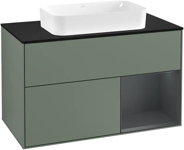 VILLEROY BOCH Toaletní skříňka Finion, s osvětlením, 2 výsuvy, 1000 x 603 x 501 mm, olivový matný lak / půlnoční modrý matný lak / černé matné sklo #F252HGGM