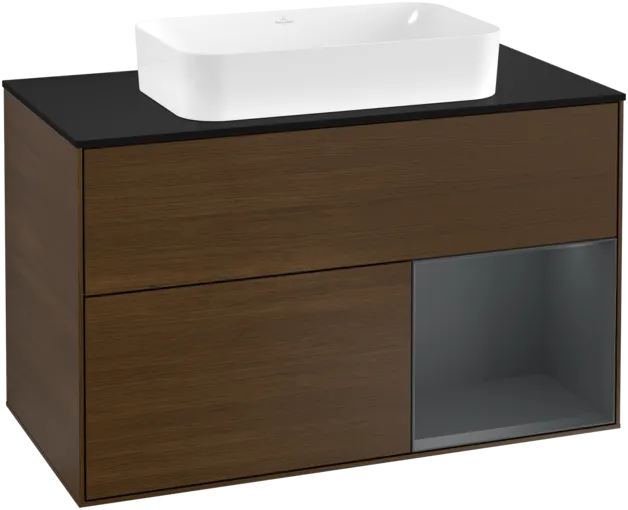VILLEROY BOCH Toaletní skříňka Finion, s osvětlením, 2 výsuvy, 1000 x 603 x 501 mm, ořechová dýha / půlnočně modrý matný lak / černé matné sklo #F252HGGN