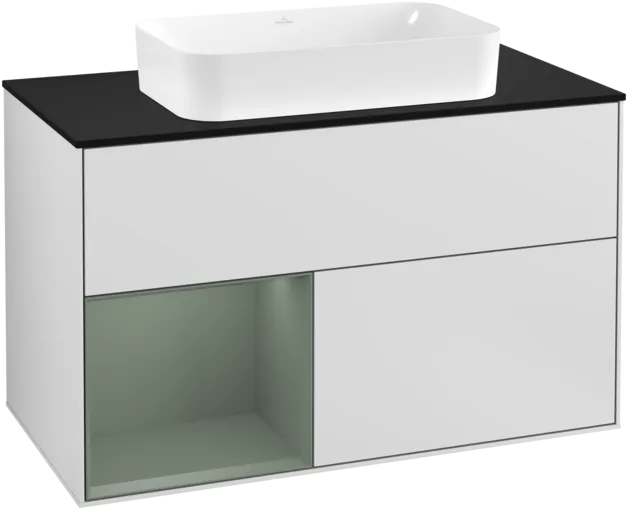 VILLEROY BOCH Toaletní skříňka Finion, s osvětlením, 2 výsuvy, 1000 x 603 x 501 mm, bílý matný lak / olivový matný lak / černé matné sklo #F242GMMT