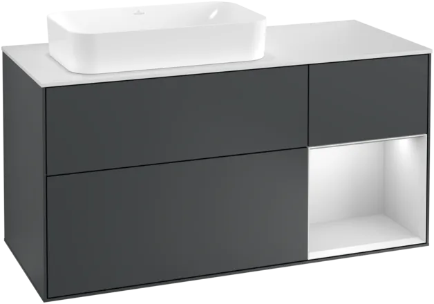 VILLEROY BOCH Toaletní skříňka Finion, s osvětlením, 3 výsuvy, 1200 x 603 x 501 mm, Midnight Blue Matt Lacquer / White Matt Lacquer / Glass White Matt #F281MTHG