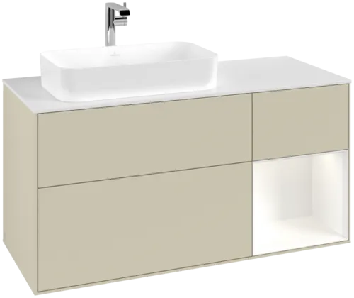 VILLEROY BOCH Toaletní skříňka Finion, s osvětlením, 3 výsuvy, 1200 x 603 x 501 mm, Silk Grey Matt Lacquer / White Matt Lacquer / Glass White Matt #F281MTHJ