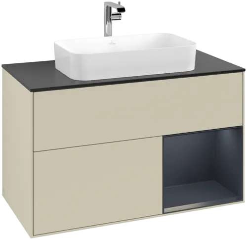 VILLEROY BOCH Toaletní skříňka Finion, s osvětlením, 2 výsuvy, 1000 x 603 x 501 mm, Silk Grey Matt Lacquer / Midnight Blue Matt Lacquer / Glass Black Matt #F252HGHJ