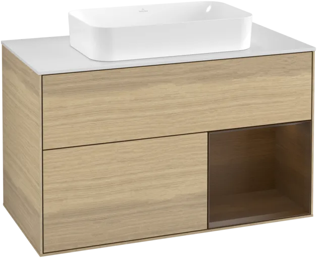VILLEROY BOCH Umyvadlová skříňka Finion, s osvětlením, 2 výsuvy, 1000 x 603 x 501 mm, dubová dýha / ořechová dýha / sklo bílé matné #F251GNPC