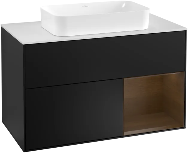 VILLEROY BOCH Toaletní skříňka Finion, s osvětlením, 2 výsuvy, 1000 x 603 x 501 mm, černý matný lak / ořechová dýha / sklo bílé matné #F251GNPD