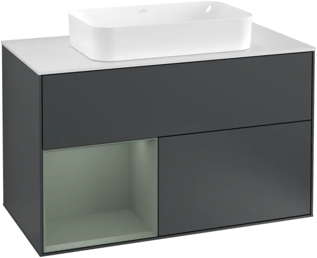VILLEROY BOCH Toaletní skříňka Finion, s osvětlením, 2 výsuvy, 1000 x 603 x 501 mm, Midnight Blue Matt Lacquer / Olive Matt Lacquer / Glass White Matt #F241GMHG