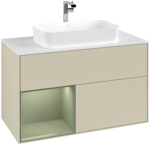 VILLEROY BOCH Toaletní skříňka Finion, s osvětlením, 2 výsuvy, 1000 x 603 x 501 mm, hedvábně šedý matný lak / olivový matný lak / bílé matné sklo #F241GMHJ
