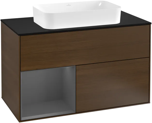 VILLEROY BOCH Toaletní stolek Finion, s osvětlením, 2 výsuvy, 1000 x 603 x 501 mm, ořechová dýha / antracitový matný lak / černé matné sklo #F242GKGN