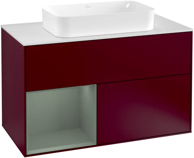 VILLEROY BOCH Toaletní skříňka Finion, s osvětlením, 2 výsuvy, 1000 x 603 x 501 mm, Pivoňka matný lak / Olivový matný lak / Sklo bílé matné #F241GMHB