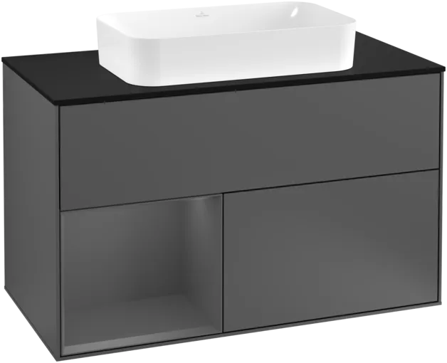 VILLEROY BOCH Toaletní skříňka Finion, s osvětlením, 2 výsuvy, 1000 x 603 x 501 mm, antracit matný lak / antracit matný lak / sklo černé matné #F242GKGK