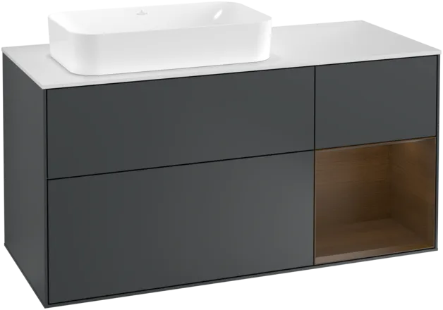 VILLEROY BOCH Toaletní skříňka Finion, s osvětlením, 3 výsuvy, 1200 x 603 x 501 mm, půlnočně modrý matný lak / ořechová dýha / bílé matné sklo #F281GNHG