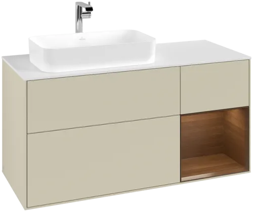 VILLEROY BOCH Toaletní skříňka Finion, s osvětlením, 3 výsuvy, 1200 x 603 x 501 mm, hedvábně šedý matný lak / ořechová dýha / sklo bílé matné #F281GNHJ