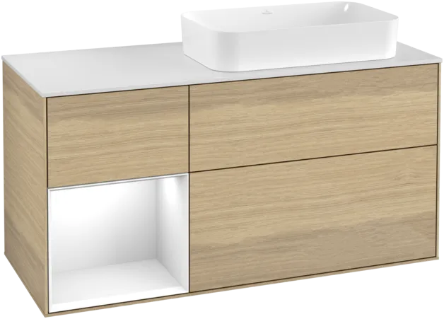 VILLEROY BOCH Toaletní skříňka Finion, s osvětlením, 3 výsuvy, 1200 x 603 x 501 mm, dubová dýha / lesklý bílý lak / sklo bílé matné #F271GFPC