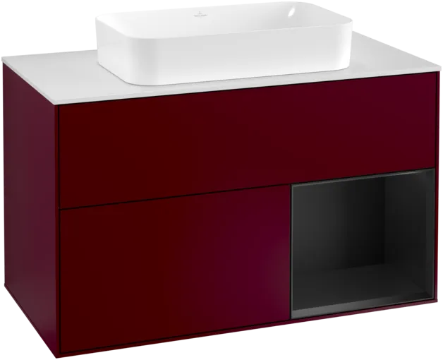VILLEROY BOCH Toaletní skříňka Finion, s osvětlením, 2 výsuvy, 1000 x 603 x 501 mm, Pivoňka matný lak / Černý matný lak / Sklo bílé matné #F251PDHB