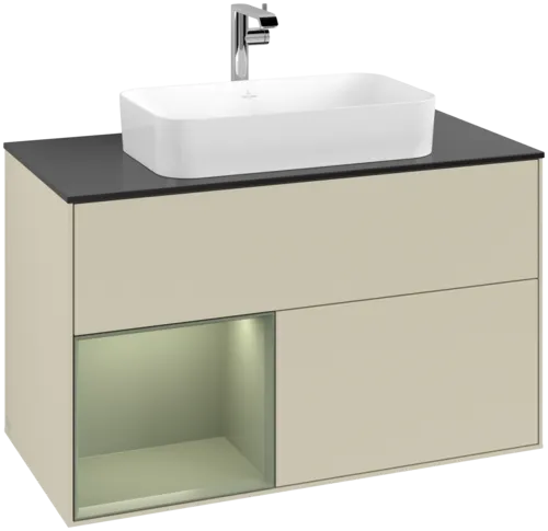 VILLEROY BOCH Toaletní skříňka Finion, s osvětlením, 2 výsuvy, 1000 x 603 x 501 mm, hedvábně šedý matný lak / olivový matný lak / černé matné sklo #F242GMHJ