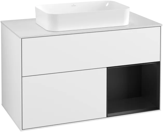 VILLEROY BOCH Umyvadlová skříňka Finion, s osvětlením, 2 výsuvy, 1000 x 603 x 501 mm, lesklý bílý lak / černý matný lak / bílé matné sklo #F251PDGF