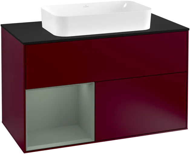 VILLEROY BOCH Toaletní skříňka Finion, s osvětlením, 2 výsuvy, 1000 x 603 x 501 mm, Pivoňka matný lak / Olivový matný lak / Sklo černé matné #F242GMHB