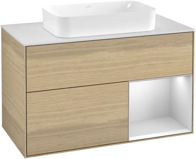 VILLEROY BOCH Toaletní skříňka Finion, s osvětlením, 2 výsuvy, 1000 x 603 x 501 mm, dubová dýha / bílý matný lak / sklo bílé matné #F251MTPC