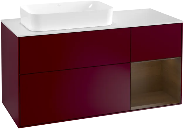 VILLEROY BOCH Toaletní skříňka Finion, s osvětlením, 3 výsuvy, 1200 x 603 x 501 mm, matný lak Peony / ořechová dýha / bílé matné sklo #F281GNHB