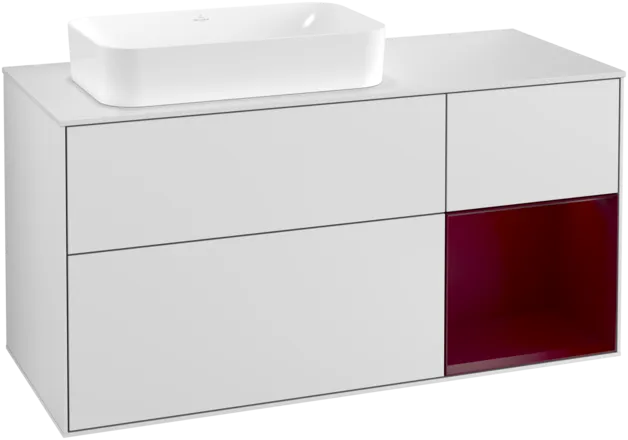 VILLEROY BOCH Toaletní skříňka Finion, s osvětlením, 3 výsuvy, 1200 x 603 x 501 mm, bílý matný lak / pivoňkový matný lak / sklo bílé matné #F281HBMT