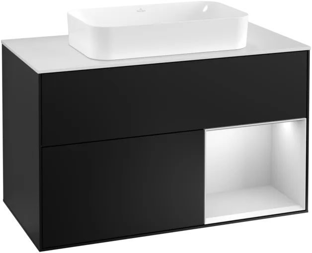 VILLEROY BOCH Toaletní skříňka Finion, s osvětlením, 2 výsuvy, 1000 x 603 x 501 mm, černý matný lak / bílý matný lak / bílé matné sklo #F251MTPD