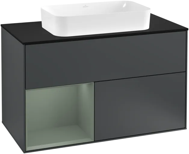 VILLEROY BOCH Toaletní skříňka Finion, s osvětlením, 2 výsuvy, 1000 x 603 x 501 mm, Midnight Blue Matt Lacquer / Olive Matt Lacquer / Glass Black Matt #F242GMHG