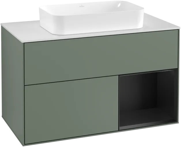 VILLEROY BOCH Toaletní skříňka Finion, s osvětlením, 2 výsuvy, 1000 x 603 x 501 mm, olivový matný lak / černý matný lak / bílé matné sklo #F251PDGM