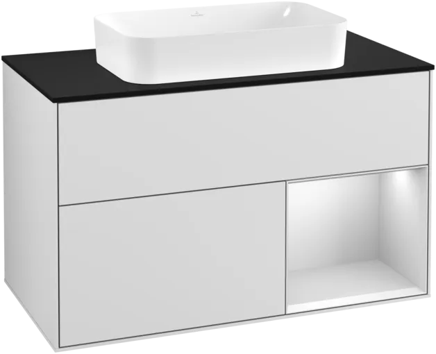 VILLEROY BOCH Toaletní skříňka Finion, s osvětlením, 2 výsuvy, 1000 x 603 x 501 mm, bílý matný lak / bílý matný lak / černé matné sklo #F252MTMT