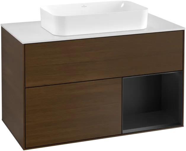 VILLEROY BOCH Toaletní stolek Finion, s osvětlením, 2 výsuvy, 1000 x 603 x 501 mm, ořechová dýha / černý matný lak / sklo bílé matné #F251PDGN