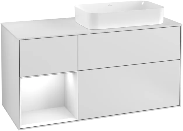 VILLEROY BOCH Umyvadlová skříňka Finion, s osvětlením, 3 výsuvy, 1200 x 603 x 501 mm, bílý matný lak / bílý lesklý lak / bílé matné sklo #F271GFMT