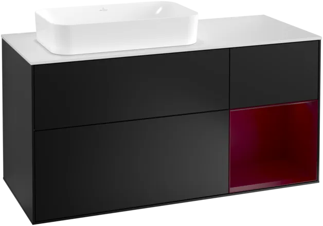 VILLEROY BOCH Toaletní skříňka Finion, s osvětlením, 3 výsuvy, 1200 x 603 x 501 mm, černý matný lak / pivoňkový matný lak / bílé matné sklo #F281HBPD