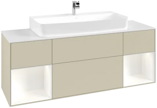 VILLEROY BOCH Toaletní skříňka Finion, s osvětlením, 4 výsuvy, 1600 x 603 x 501 mm, Silk Grey Matt Lacquer / White Matt Lacquer / Glass White Matt #F211MTHJ