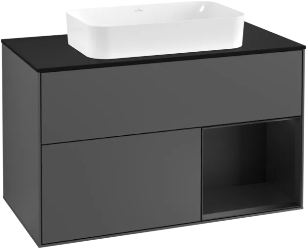 VILLEROY BOCH Toaletní skříňka Finion, s osvětlením, 2 výsuvy, 1000 x 603 x 501 mm, antracitový matný lak / černý matný lak / černé matné sklo #F252PDGK