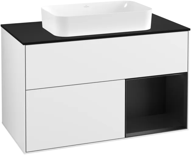 VILLEROY BOCH Umyvadlová skříňka Finion, s osvětlením, 2 výsuvy, 1000 x 603 x 501 mm, lesklý bílý lak / černý matný lak / černé matné sklo #F252PDGF