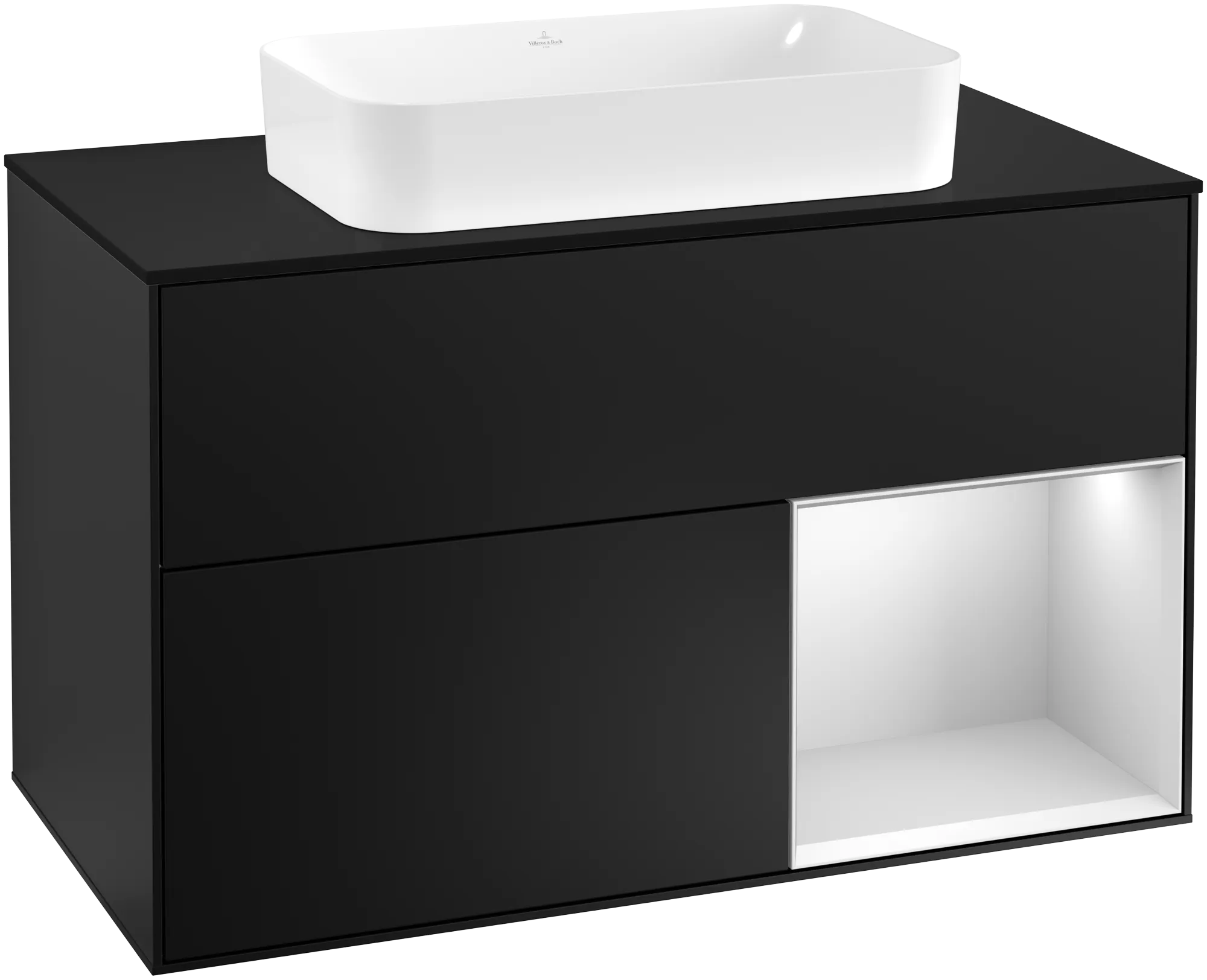 VILLEROY BOCH Umyvadlová skříňka Finion, s osvětlením, 2 výsuvy, 1000 x 603 x 501 mm, černý matný lak / bílý matný lak / černé matné sklo #F252MTPD