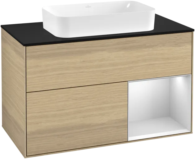 VILLEROY BOCH Toaletní skříňka Finion, s osvětlením, 2 výsuvy, 1000 x 603 x 501 mm, dubová dýha / bílý matný lak / sklo černé matné #F252MTPC