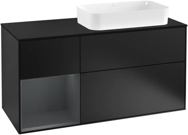 VILLEROY BOCH Toaletní skříňka Finion, s osvětlením, 3 výsuvy, 1200 x 603 x 501 mm, černý matný lak / půlnoční modrý matný lak / černé matné sklo #F272HGPD