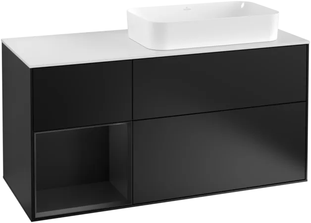 VILLEROY BOCH Toaletní skříňka Finion, s osvětlením, 3 výsuvy, 1200 x 603 x 501 mm, černý matný lak / černý matný lak / sklo bílé matné #F271PDPD