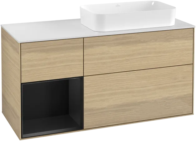 VILLEROY BOCH Toaletní skříňka Finion, s osvětlením, 3 výsuvy, 1200 x 603 x 501 mm, dubová dýha / černý matný lak / bílé matné sklo #F271PDPC