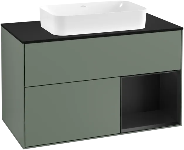 VILLEROY BOCH Toaletní skříňka Finion, s osvětlením, 2 výsuvy, 1000 x 603 x 501 mm, olivový matný lak / černý matný lak / černé matné sklo #F252PDGM