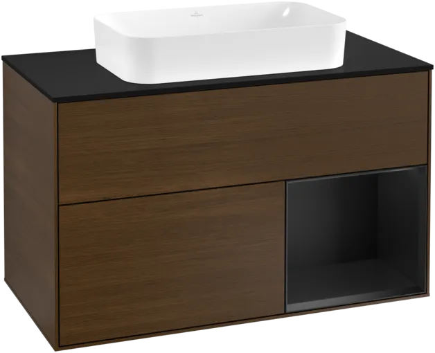 VILLEROY BOCH Toaletní skříňka Finion, s osvětlením, 2 výsuvy, 1000 x 603 x 501 mm, ořechová dýha / černý matný lak / černé matné sklo #F252PDGN