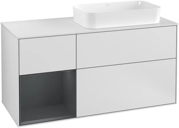VILLEROY BOCH Toaletní skříňka Finion, s osvětlením, 3 výsuvy, 1200 x 603 x 501 mm, bílý matný lak / půlnoční modrý matný lak / bílé matné sklo #F271HGMT