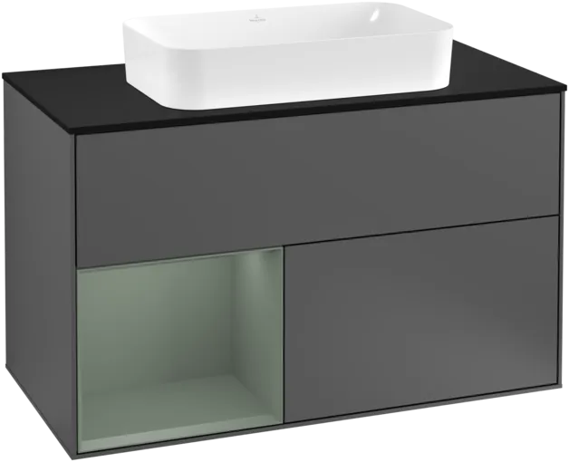 VILLEROY BOCH Toaletní skříňka Finion, s osvětlením, 2 výsuvy, 1000 x 603 x 501 mm, antracitový matný lak / olivový matný lak / černé matné sklo #F242GMGK