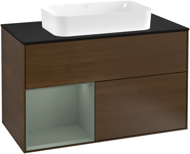 VILLEROY BOCH Toaletní skříňka Finion, s osvětlením, 2 výsuvy, 1000 x 603 x 501 mm, ořechová dýha / olivový matný lak / sklo černé matné #F242GMGN